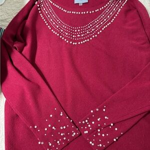 Milano Red Knit Top with Pearl Details